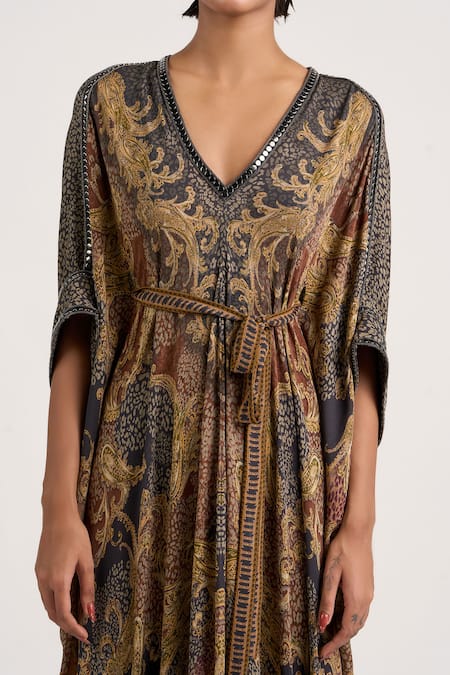 Ott_Multi Color Silk Zari V-neck The Vintage Paisley Pattern Kaftan _at_Aza_Fashions