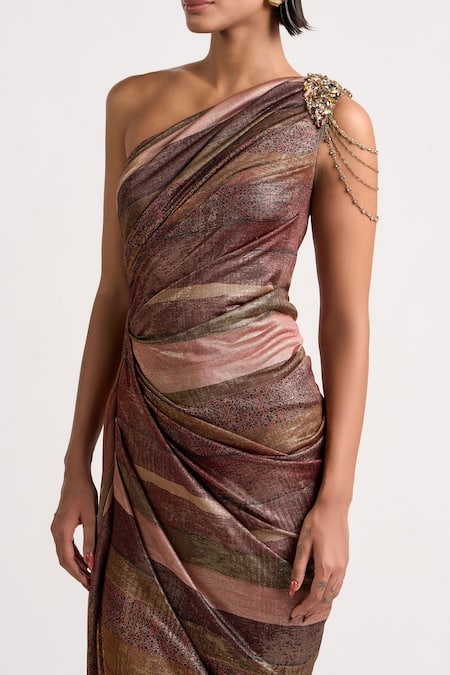Buy_Ott_Brown Polyester Crystals, Brooches One Shoulder The Sculpted Draped Dress _Online_at_Aza_Fashions