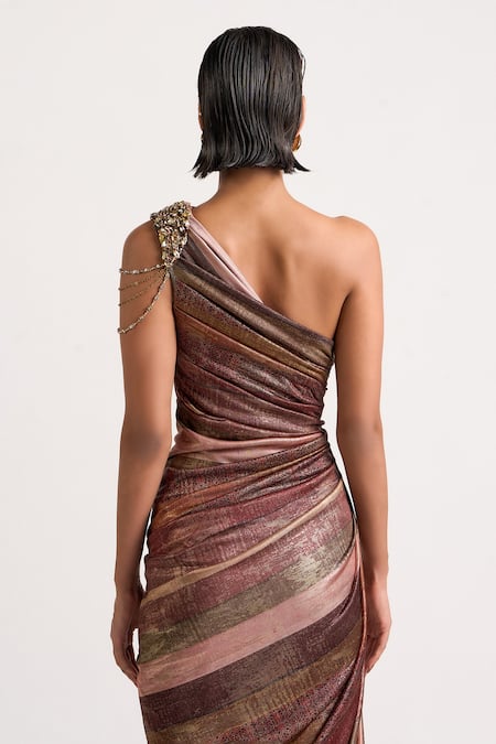Shop_Ott_Brown Polyester Crystals, Brooches One Shoulder The Sculpted Draped Dress _Online_at_Aza_Fashions