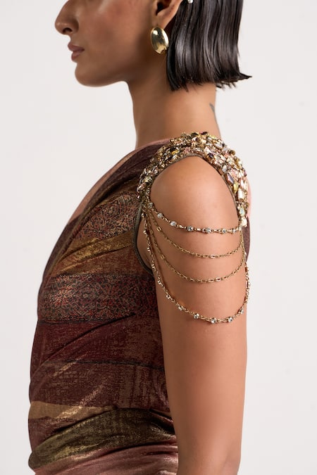 Ott_Brown Polyester Crystals, Brooches One Shoulder The Sculpted Draped Dress _at_Aza_Fashions