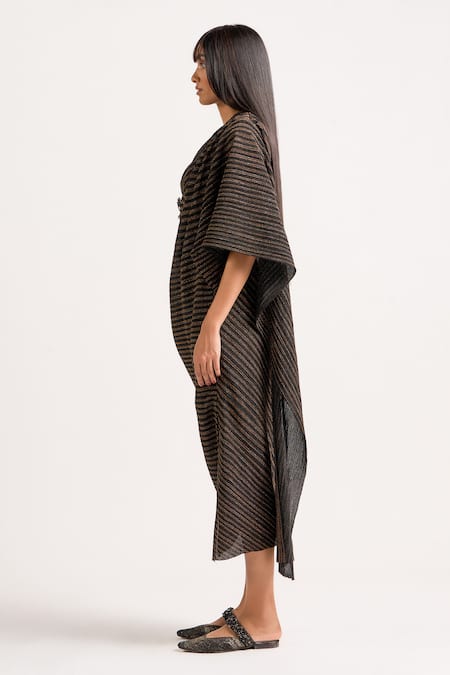 Ott_Black Polyester Zari Plunge Neck The Cocktail Dress _Online_at_Aza_Fashions