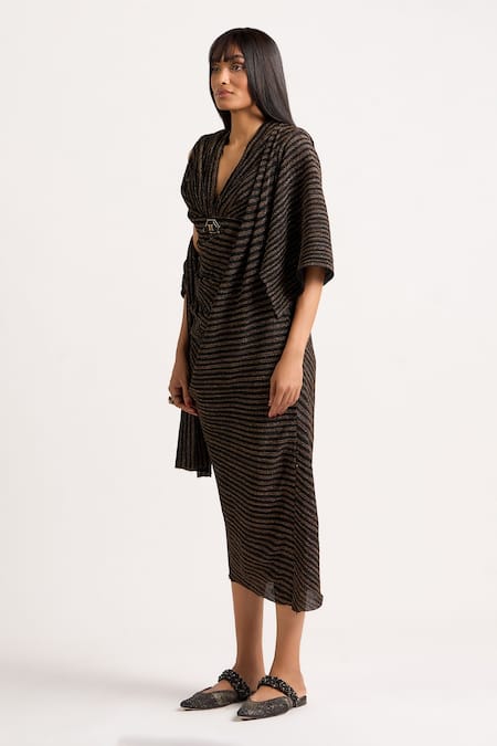 Buy_Ott_Black Polyester Zari Plunge Neck The Cocktail Dress _Online_at_Aza_Fashions