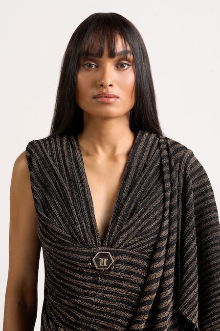 Ott_Black Polyester Zari Plunge Neck The Cocktail Dress _at_Aza_Fashions