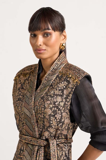 Ott_Black Cotton Sequins, Tassels, Metallic Thread, Embroidery, Zari Kani Gilet _Online_at_Aza_Fashions