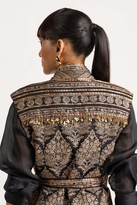 Buy_Ott_Black Cotton Sequins, Tassels, Metallic Thread, Embroidery, Zari Kani Gilet _Online_at_Aza_Fashions
