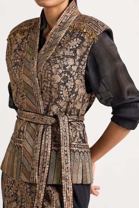 Ott_Black Cotton Sequins, Tassels, Metallic Thread, Embroidery, Zari Kani Gilet _at_Aza_Fashions