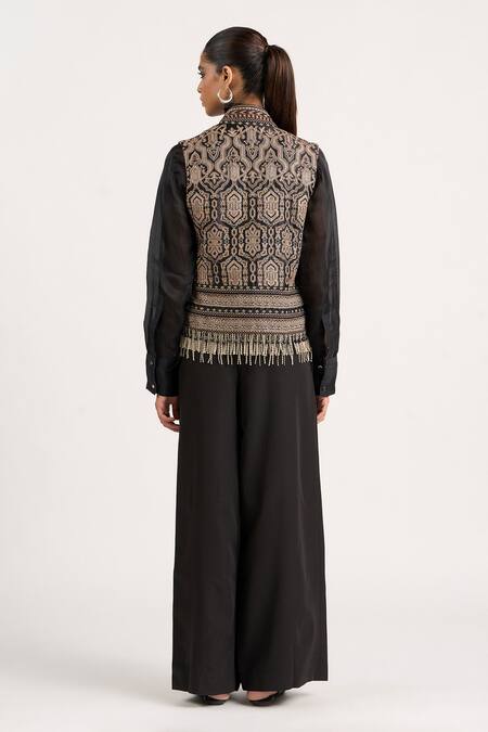 Ott_Black Silk Sequins, Beads, Tassels Tribal Structured Waistcoat _Online_at_Aza_Fashions