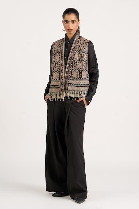 Buy_Ott_Black Silk Sequins, Beads, Tassels Tribal Structured Waistcoat _Online_at_Aza_Fashions