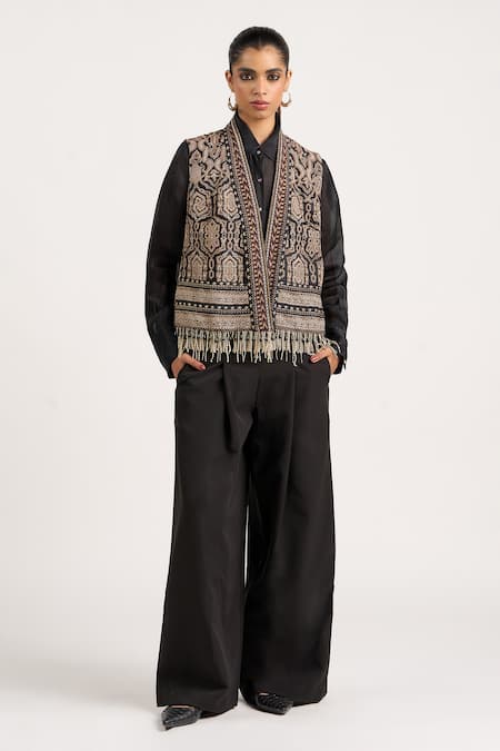 Shop_Ott_Black Silk Sequins, Beads, Tassels Tribal Structured Waistcoat _Online_at_Aza_Fashions
