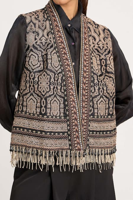 Ott_Black Silk Sequins, Beads, Tassels Tribal Structured Waistcoat _at_Aza_Fashions