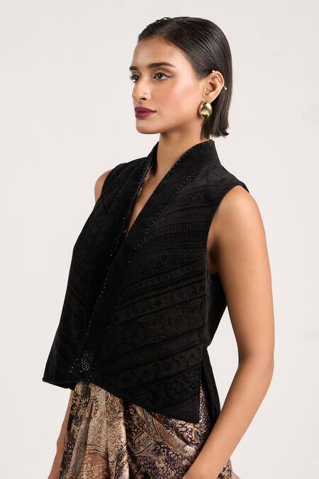 Buy_Ott_Black Cotton Crystals Shawl Neck The Etched Gilet _Online_at_Aza_Fashions