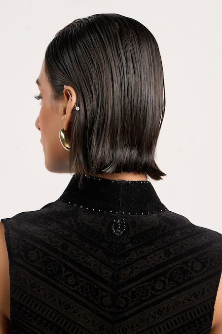 Ott_Black Cotton Crystals Shawl Neck The Etched Gilet _at_Aza_Fashions