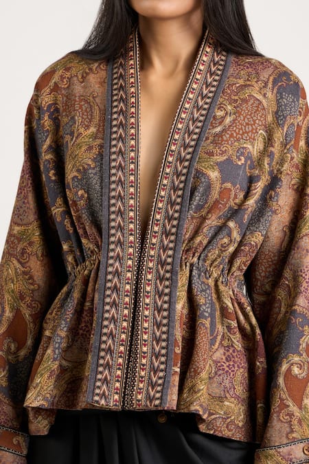 Ott_Multi Color Cotton Shawl Neck Vintage Paisley Kimono Jacket _at_Aza_Fashions
