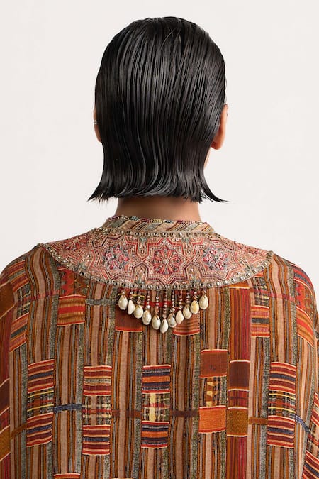 Ott_Brown Silk Shawl Neck Kutch Printed Cape _Online_at_Aza_Fashions