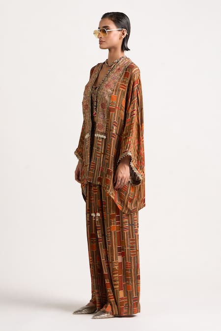 Buy_Ott_Brown Silk Shawl Neck Kutch Printed Cape _Online_at_Aza_Fashions