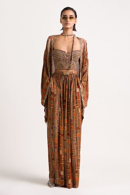 Shop_Ott_Brown Silk Shawl Neck Kutch Printed Cape _Online_at_Aza_Fashions