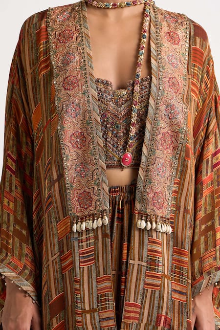 Ott_Brown Silk Shawl Neck Kutch Printed Cape _at_Aza_Fashions