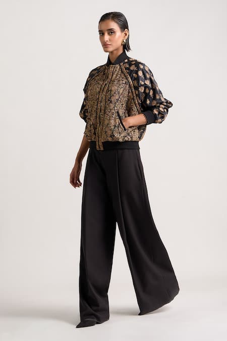 Ott_Black Silk Zari Mandarin Collar Kani Embroidered Bomber Jacket _Online_at_Aza_Fashions