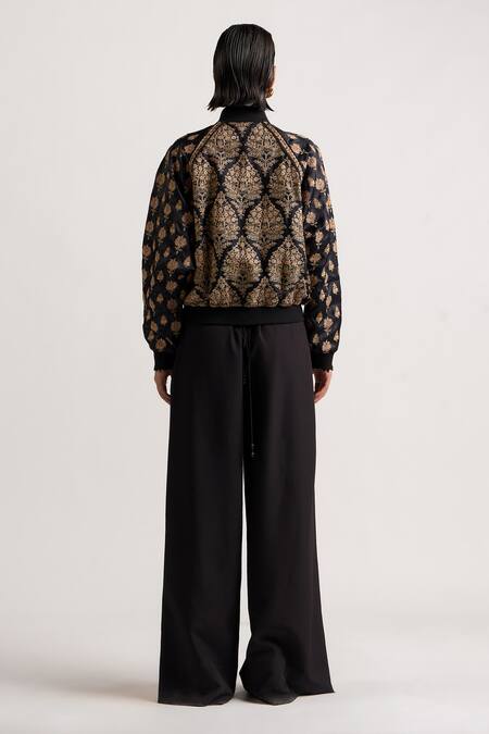 Buy_Ott_Black Silk Zari Mandarin Collar Kani Embroidered Bomber Jacket _Online_at_Aza_Fashions