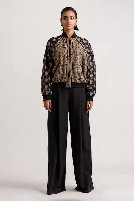 Shop_Ott_Black Silk Zari Mandarin Collar Kani Embroidered Bomber Jacket _Online_at_Aza_Fashions