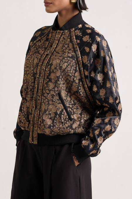 Ott_Black Silk Zari Mandarin Collar Kani Embroidered Bomber Jacket _at_Aza_Fashions