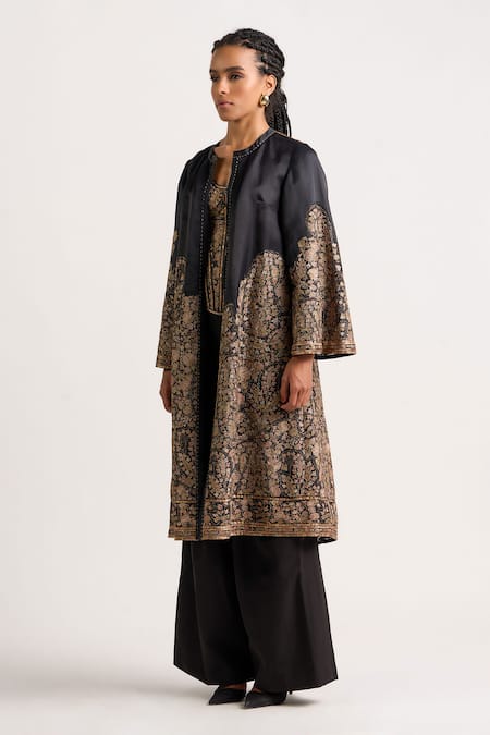 Ott_Black Silk Zari, Embroidery Round Neck Kani Long Jacket _Online_at_Aza_Fashions
