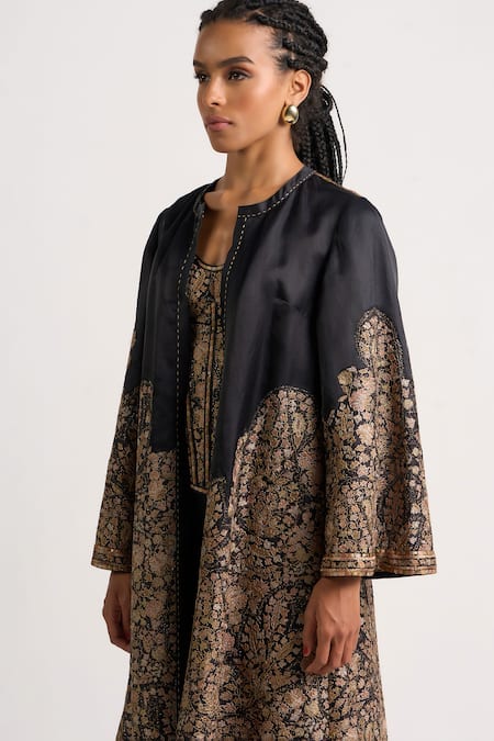 Buy_Ott_Black Silk Zari, Embroidery Round Neck Kani Long Jacket _Online_at_Aza_Fashions