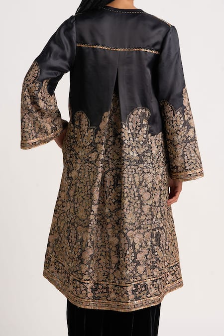 Ott_Black Silk Zari, Embroidery Round Neck Kani Long Jacket _at_Aza_Fashions