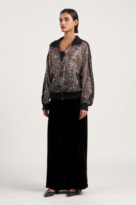 Ott Black Polyester Sequins Collared Work Bomber Jacket Online at Aza Fashions Ott_Black Polyester Sequins Collared Work Bomber Jacket _Online_at_Aza_Fashions