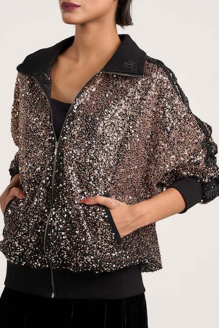 Ott Black Polyester Sequins Collared Work Bomber Jacket at Aza Fashions Ott_Black Polyester Sequins Collared Work Bomber Jacket _at_Aza_Fashions