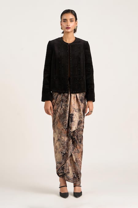 Ott_Black Silk, Velvet Crystals Round Neck The Etched Jacket _Online_at_Aza_Fashions