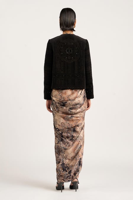 Buy_Ott_Black Silk, Velvet Crystals Round Neck The Etched Jacket _Online_at_Aza_Fashions