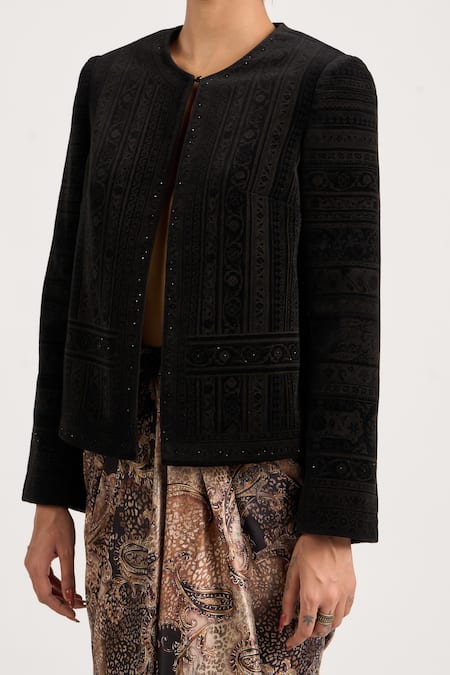 Shop_Ott_Black Silk, Velvet Crystals Round Neck The Etched Jacket _Online_at_Aza_Fashions
