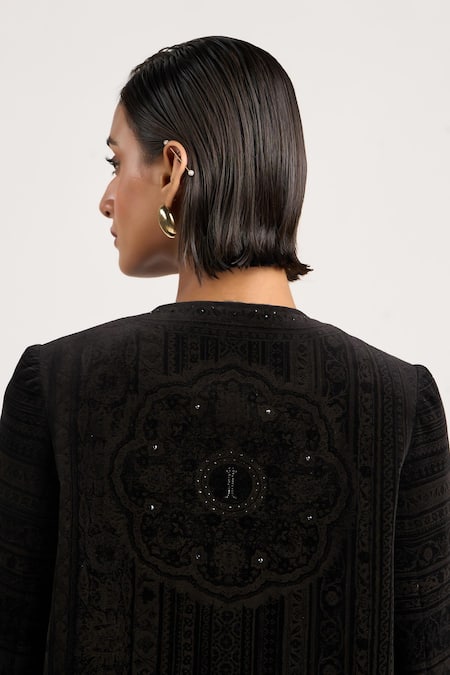 Ott_Black Silk, Velvet Crystals Round Neck The Etched Jacket _at_Aza_Fashions