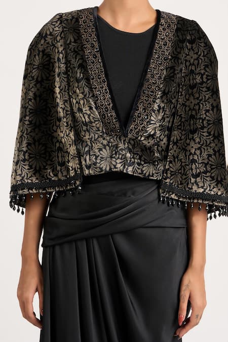 Ott_Black Viscose Embroidery, Beads, Tassels V-neck The Embossed Overlay Jacket _Online_at_Aza_Fashions
