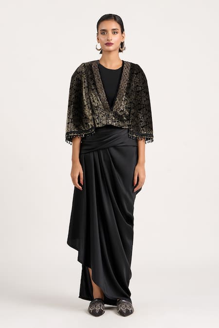 Buy_Ott_Black Viscose Embroidery, Beads, Tassels V-neck The Embossed Overlay Jacket _Online_at_Aza_Fashions