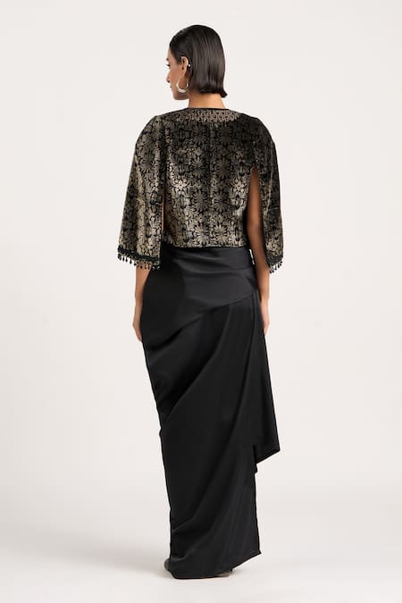 Shop_Ott_Black Viscose Embroidery, Beads, Tassels V-neck The Embossed Overlay Jacket _Online_at_Aza_Fashions