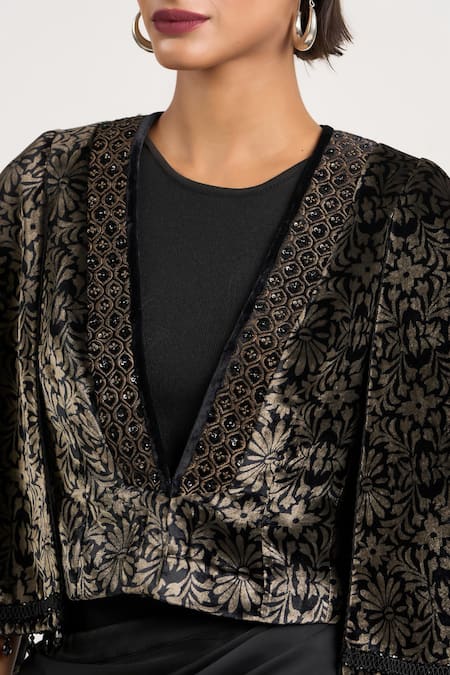 Ott_Black Viscose Embroidery, Beads, Tassels V-neck The Embossed Overlay Jacket _at_Aza_Fashions