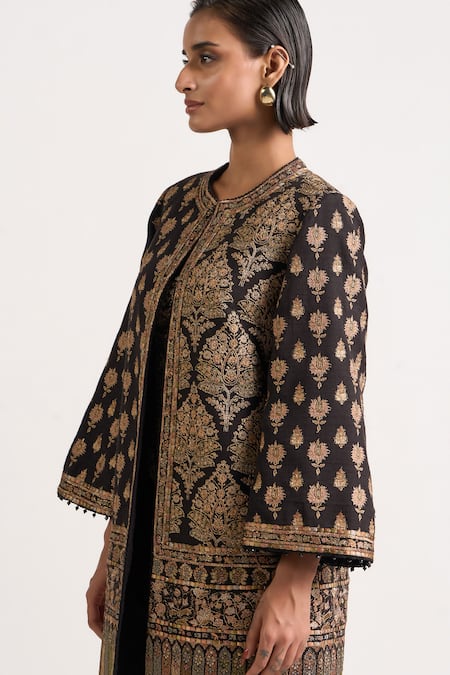 Shop_Ott_Black Cotton Embroidery, Zari Mandarin Collar Kani Floral Pattern Jacket _Online_at_Aza_Fashions