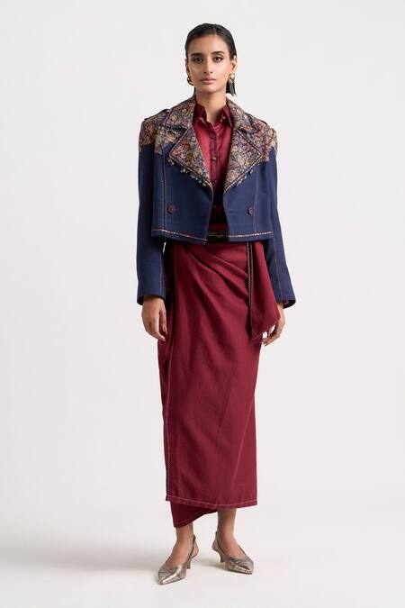 Ott Blue Cotton Embroidery, Beads, Stones, Tassels Shawl Floral Pattern Yoke Jacket Online at Aza Fashions Ott_Blue Cotton Embroidery, Beads, Stones, Tassels Shawl Floral Pattern Yoke Jacket _Online_at_Aza_Fashions