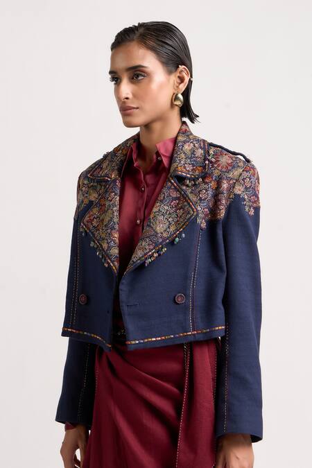 Buy Ott Blue Cotton Embroidery, Beads, Stones, Tassels Shawl Floral Pattern Yoke Jacket Online at Aza Fashions Buy_Ott_Blue Cotton Embroidery, Beads, Stones, Tassels Shawl Floral Pattern Yoke Jacket _Online_at_Aza_Fashions
