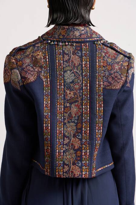 Ott Blue Cotton Embroidery, Beads, Stones, Tassels Shawl Floral Pattern Yoke Jacket at Aza Fashions Ott_Blue Cotton Embroidery, Beads, Stones, Tassels Shawl Floral Pattern Yoke Jacket _at_Aza_Fashions