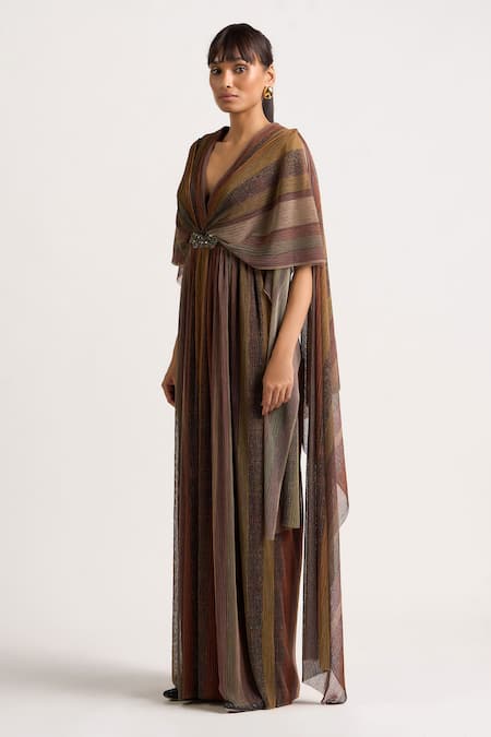 Ott Brown Polyester Brooches V-neck The Holiday Jumpsuit Online at Aza Fashions Ott_Brown Polyester Brooches V-neck The Holiday Jumpsuit _Online_at_Aza_Fashions