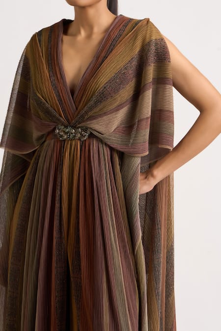 Buy Ott Brown Polyester Brooches V-neck The Holiday Jumpsuit Online at Aza Fashions Buy_Ott_Brown Polyester Brooches V-neck The Holiday Jumpsuit _Online_at_Aza_Fashions