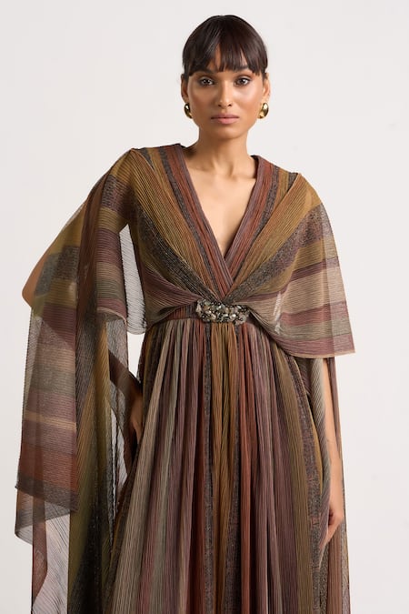 Shop Ott Brown Polyester Brooches V-neck The Holiday Jumpsuit Online at Aza Fashions Shop_Ott_Brown Polyester Brooches V-neck The Holiday Jumpsuit _Online_at_Aza_Fashions