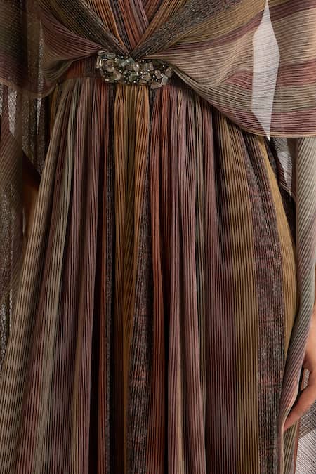 Ott Brown Polyester Brooches V-neck The Holiday Jumpsuit at Aza Fashions Ott_Brown Polyester Brooches V-neck The Holiday Jumpsuit _at_Aza_Fashions