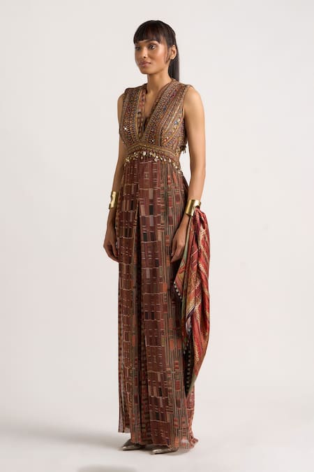 Ott_Brown Polyester Embroidery, Beads, Mirrors, Tassels V-neck The Kutch Jumpsuit _Online_at_Aza_Fashions