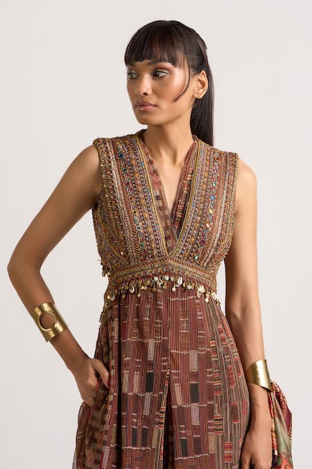Buy_Ott_Brown Polyester Embroidery, Beads, Mirrors, Tassels V-neck The Kutch Jumpsuit _Online_at_Aza_Fashions