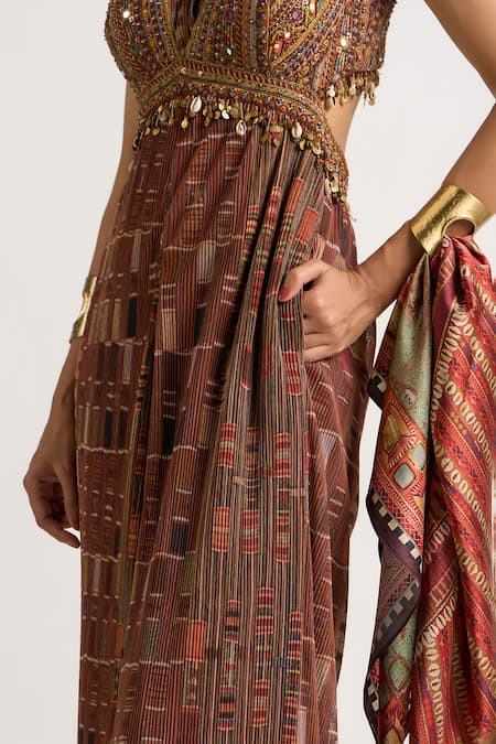 Shop_Ott_Brown Polyester Embroidery, Beads, Mirrors, Tassels V-neck The Kutch Jumpsuit _Online_at_Aza_Fashions