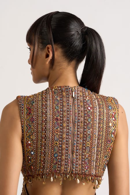 Ott_Brown Polyester Embroidery, Beads, Mirrors, Tassels V-neck The Kutch Jumpsuit _at_Aza_Fashions